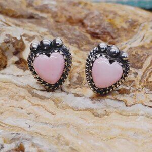 Pink Conch Shell Heart Earrings Sterling Silver Studs Native Southwest Style